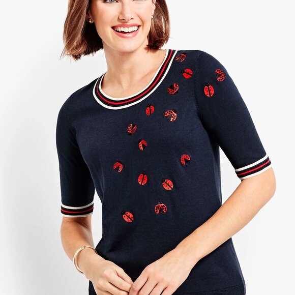 Oprah Magazine Collection For Talbots SS Embroidered Beaded Ladybug Sweater Med - Picture 2 of 8
